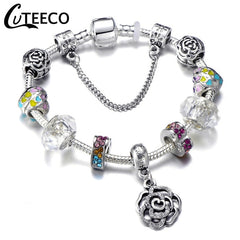 CUTEECO 925 Fashion Silver Charms Bracelet Bangle For Women Crystal Flower Beads Fit Brand Bracelets Jewelry